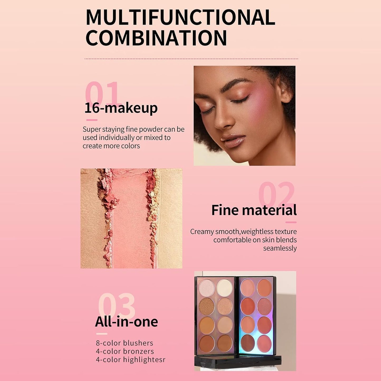 16 Colors Blush Contour Highlighter Makeup Palette with Brush, Shimmer Matte Mineral Face Blush Powder for Cheek, All in One Face Sculpting Bronzer Blusher Illuminator Concealer Palette