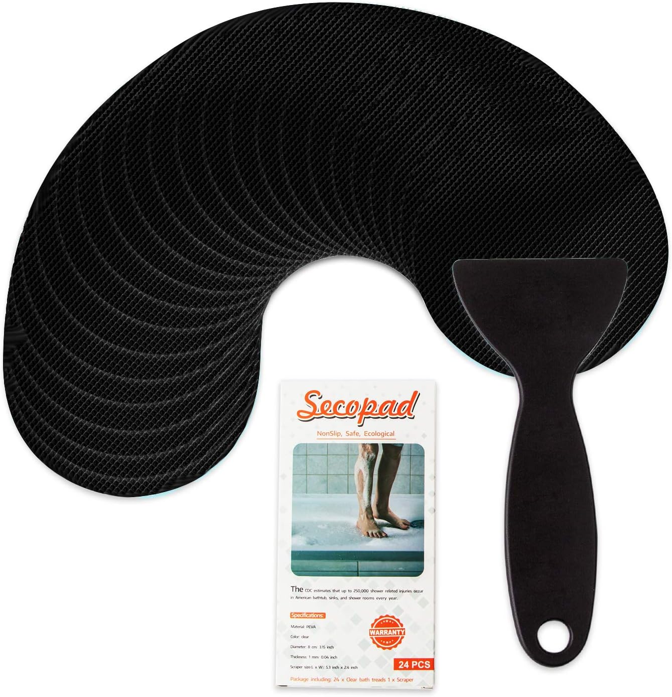 Non-Slip Bathtub Stickers, 24 PCS Safety Bathroom Tubs Showers Treads Adhesive Decals Scraper (Black)