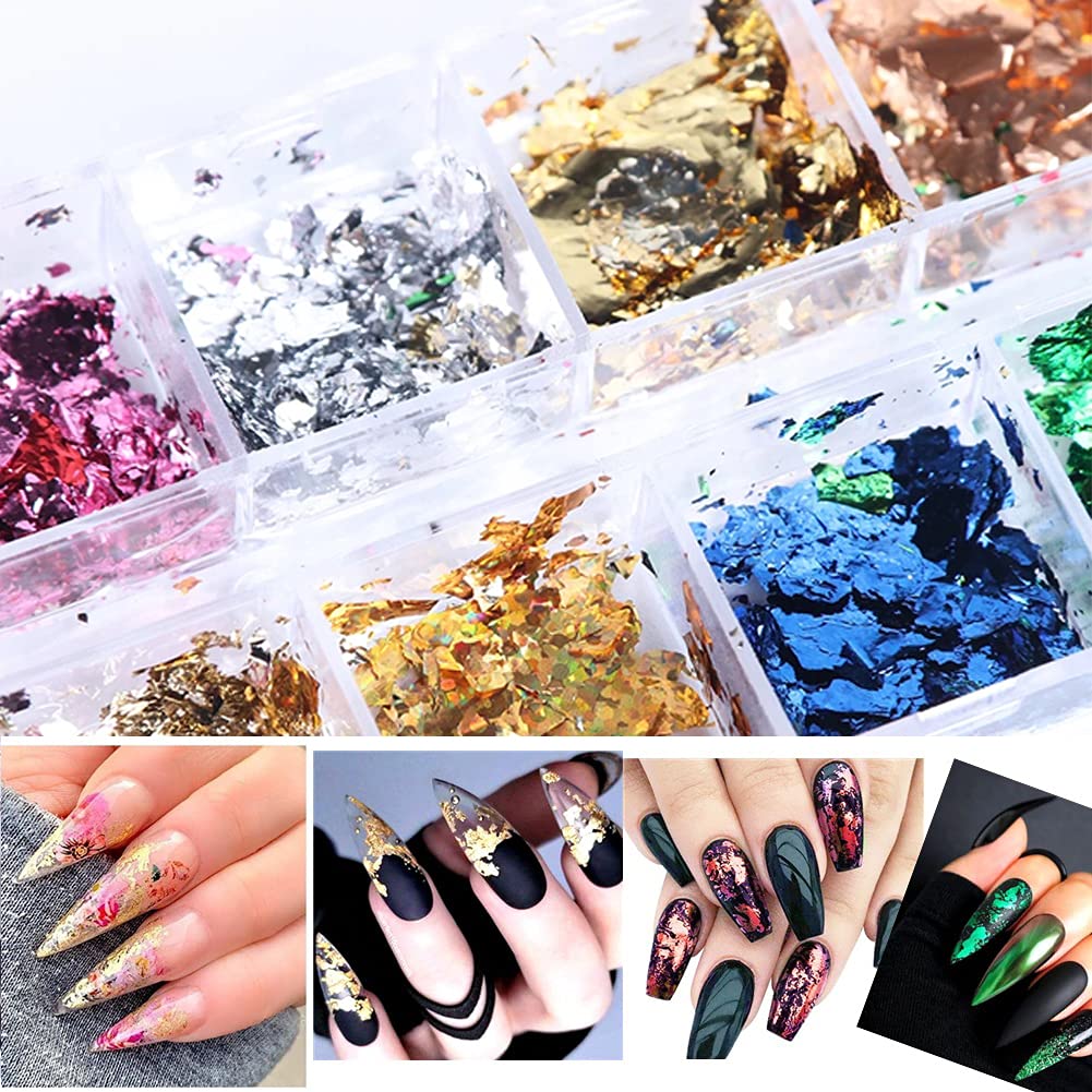 Gold Nail Art Glitter & Sequins Holographic Irregular Foil Sticker 3D Glitter Foil Flakes Decals - 12 Colors