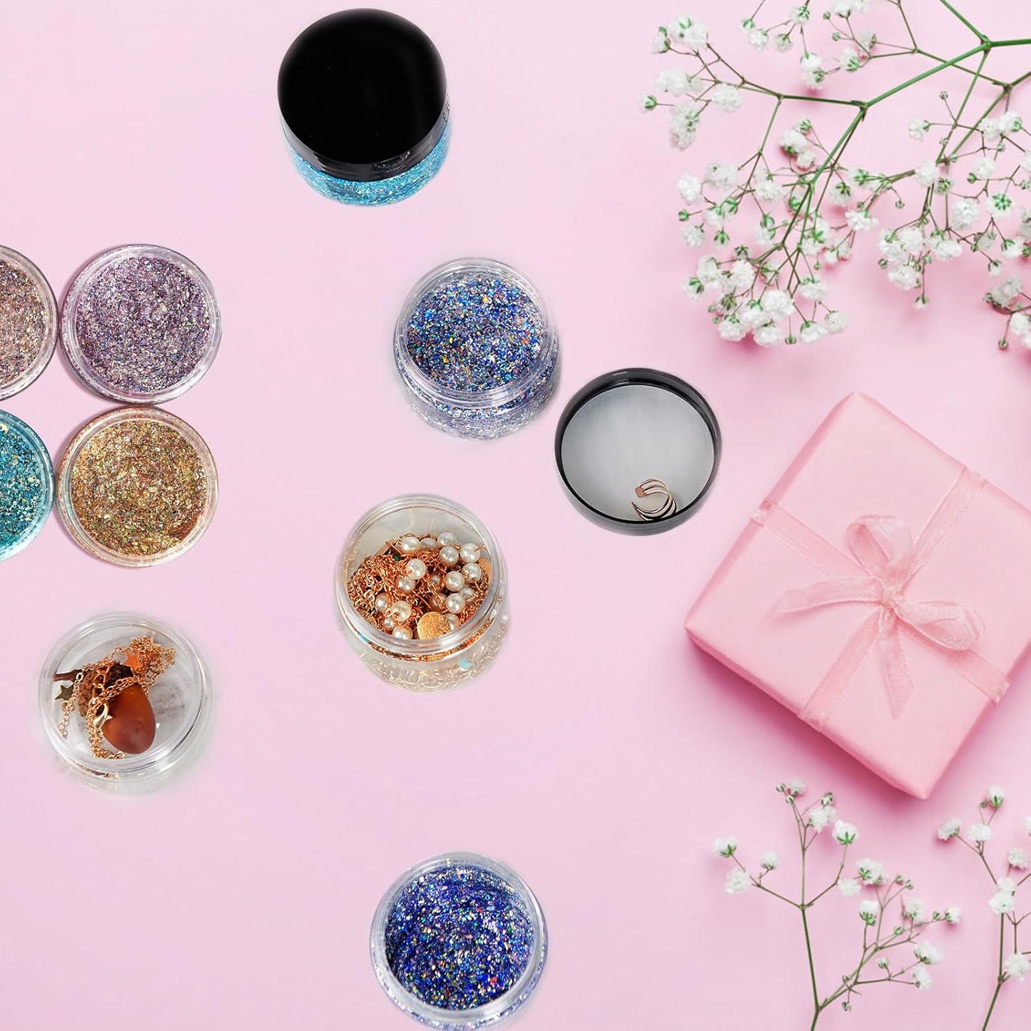 50 Pack 1 OZ Plastic Jars Round Clear Cosmetic Container Jar with White Lids, Eternal Moment Plastic Slime Jars for Lotion, Cream, Ointments, Makeup, Eye shadow, Rhinestone, Samples, Travel Storage