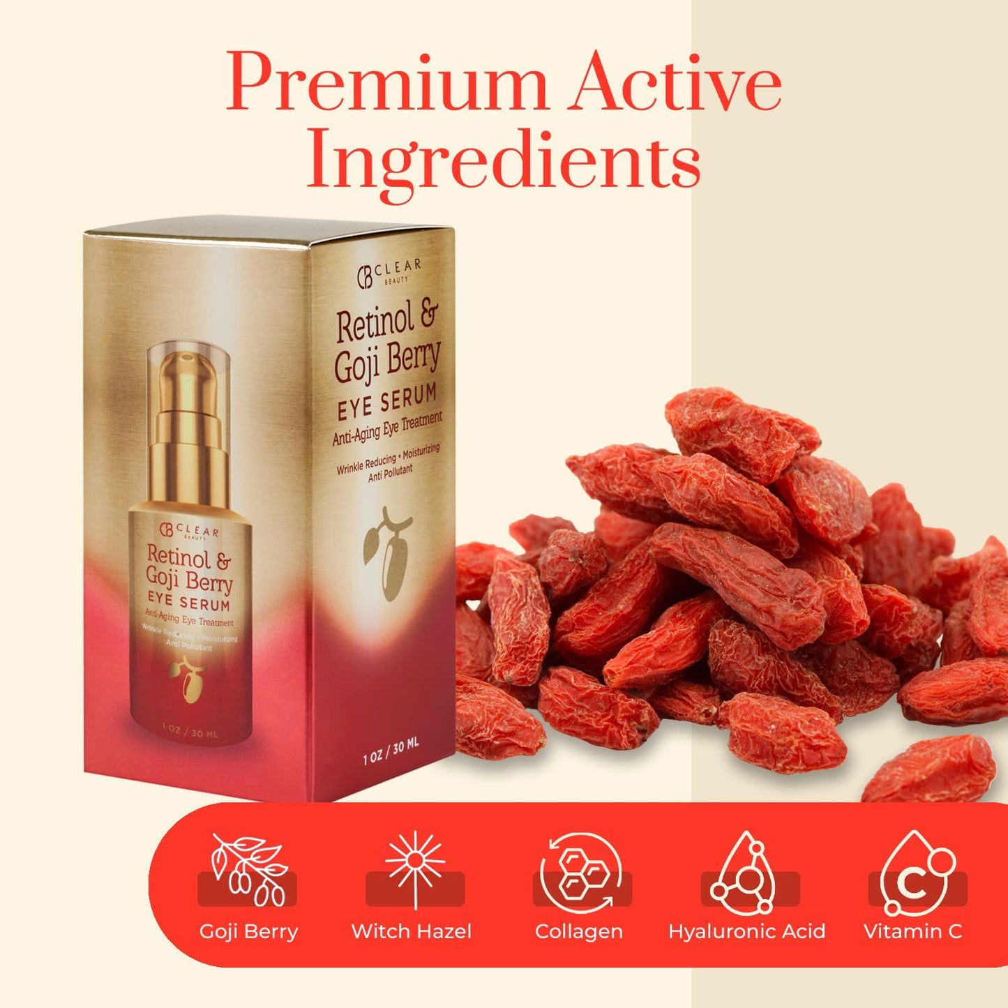 Retinol & Goji Berry Under Eye Serum - Diminish Fine Lines, Wrinkles, Eye Bags & Dark Circles, Depuffing Eye Serum - Cruelty Free Korean Skin Care For All Skin Types