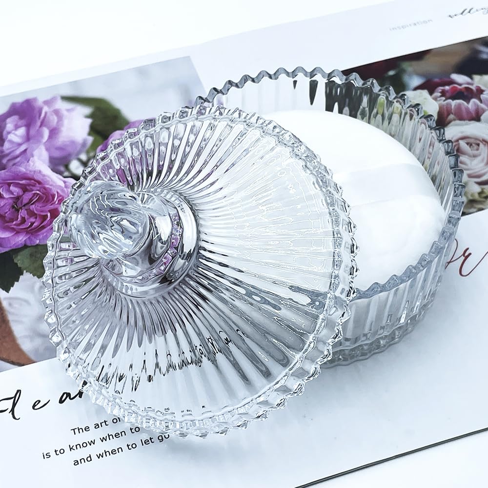 2 Pack Extra Large 5.2" White Powder Puffs and 5.3" Glass Container – Oversized Soft Body & Face Large Powder Puff Dusting Powder Jar Holder Case(Clear Glass)