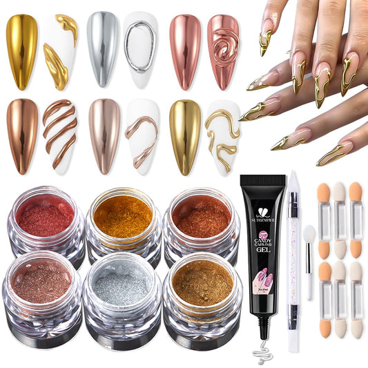 Chrome Nail Powder Metallic Gold And Silver, Magic Mirror Effect Pigment Glitter Rubbing Dust, 3D Carving Nail Molding Gel & Holographic Dip Nail Powder Kit for Nail Decor Home Manicure DIY