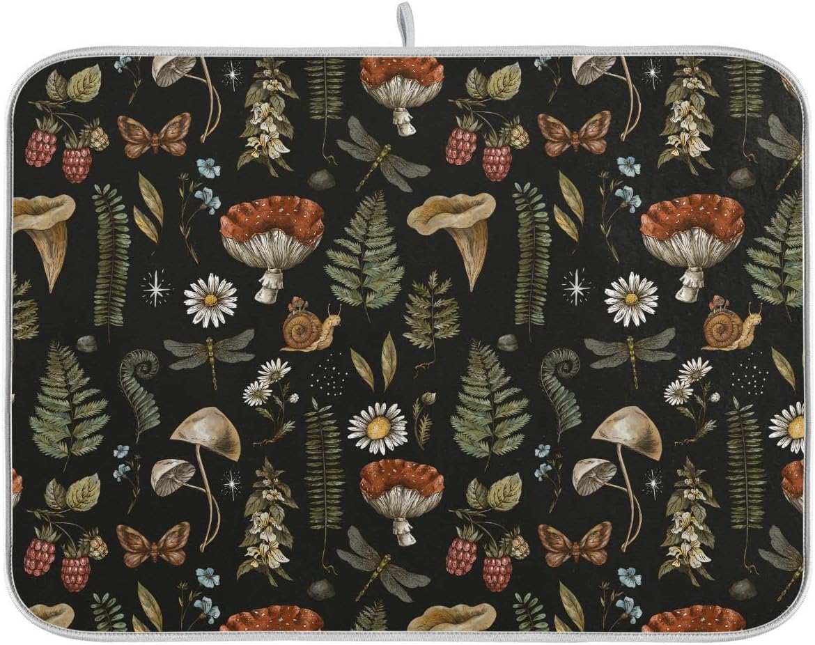 Mushroom Fern Leaves Berry Dish Drying Mat for Kitchen Counter Vintage Botanical Nature Drying Mats Super Absorbent Reversible Microfiber Kitchen Countertop Protector Dishes Pad Medium 16x18 inch