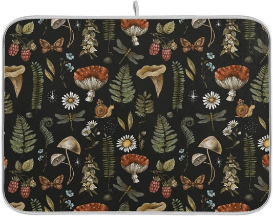 Mushroom Fern Leaves Berry Dish Drying Mat for Kitchen Counter Vintage Botanical Nature Drying Mats Super Absorbent Reversible Microfiber Kitchen Countertop Protector Dishes Pad Large18x24 inch