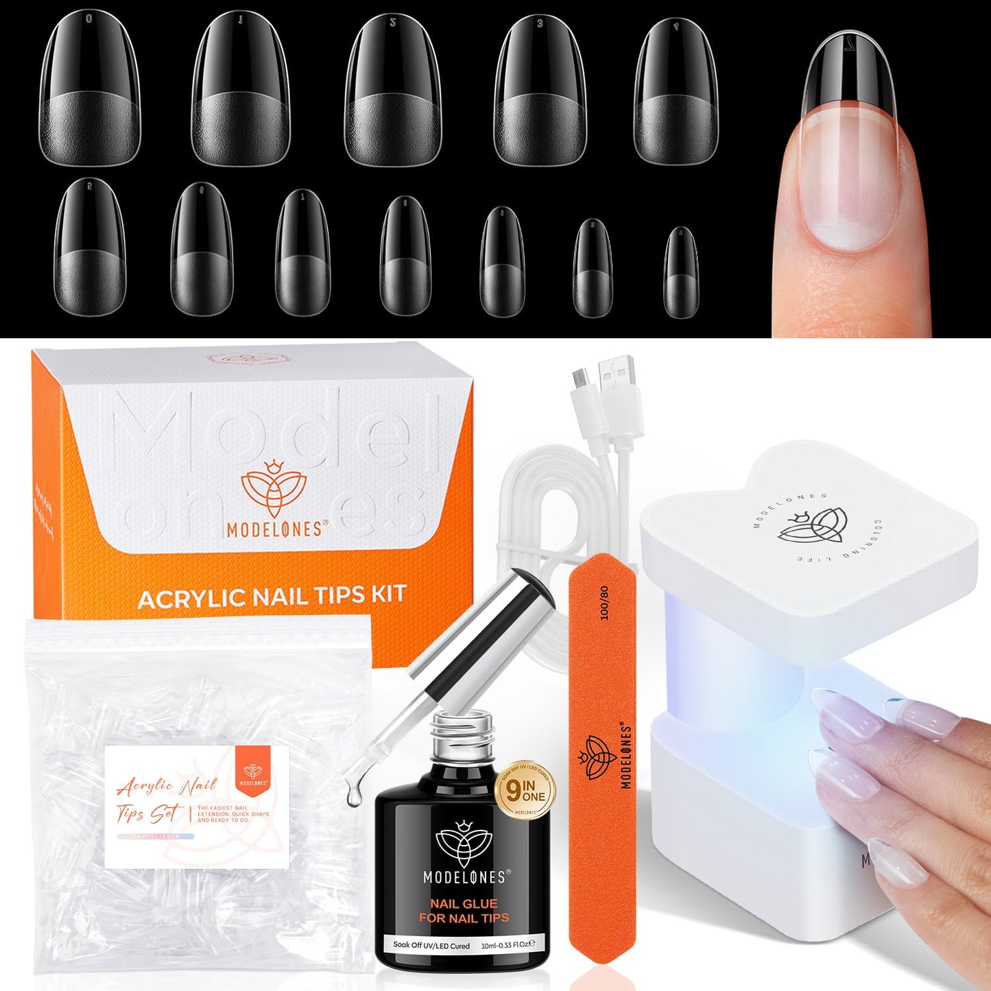 modelones Medium Oval Gel Nail Tips Kit, 9-in-One Nail Glue with Portable U V Lamp 216Pcs 12Sizes Pre-Etched Round Press ons Fake Acrylic Extension Kit DIY Salon Gift for Women