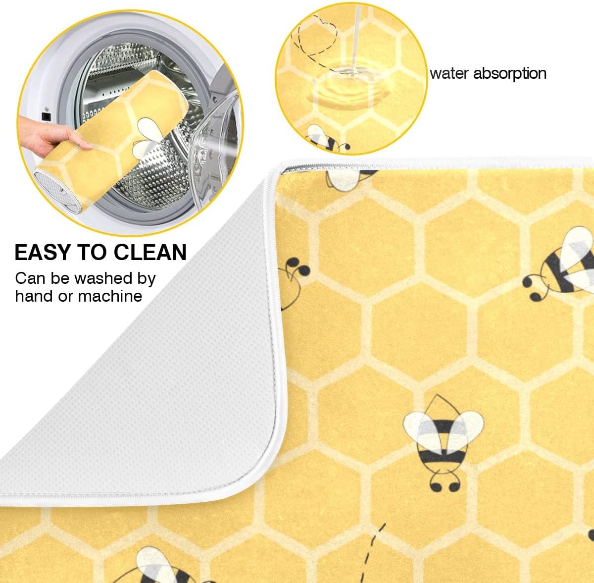 Funny Bees Honey Dish Drying Mat 18x24 for Kitchen Counter Yellow Bumblebee Beehive Dishes Pad Absorbent Fast Dry Dish Draining Mats Large Kitchen Accessories