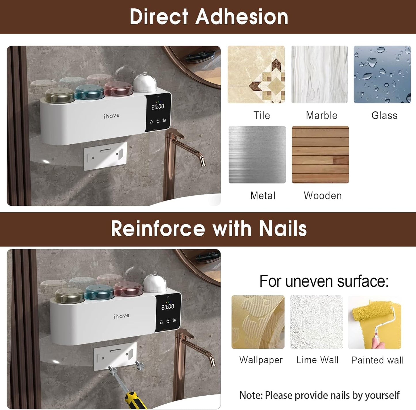 iHave Toothbrush Holders with UV Toothbrush Sanitizer, Aromatherapy Diffuser & IR Night Light - 4-Hour Smart Cruise Disinfection, Auxiliary Combo Drying - Wall-Mounted Bathroom Organizer with 3 Cups