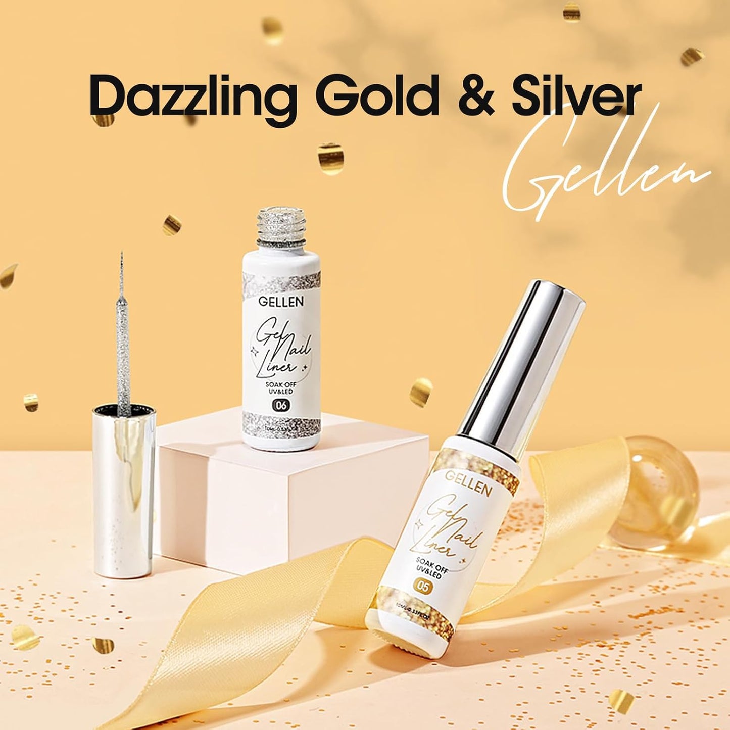 GELLEN Gold Silver Liner Gel Nail Polish, 2Pcs 10ml Soak off Uv Lamp Glitter Nail Art Polish Set with Built Thin Brush, Gel Art Paint for Sparkly Shiny Swirl Nails, Christmas Diy Gift for Women Girls