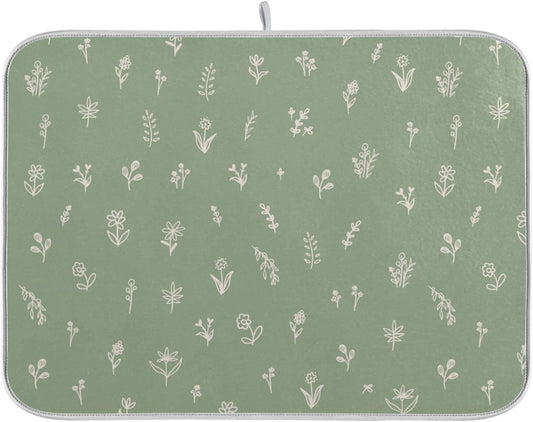 Sage Green Dish Drying Mat Quick Absorbent 16x18 Doodled Botany Flowers Leaves Herbs Plants Kitchen Drying Mat for Countertop Sink Reusable Dishes Mats Kitchen Essentials