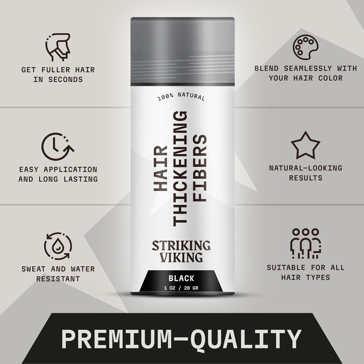 Striking Viking Hair Building Fibers - 28g, Black - Fuller Look Thinning Hair Fibers - Bald Spot Concealer & Barber Enhancement - Clump-Proof Powder & Hold Spray
