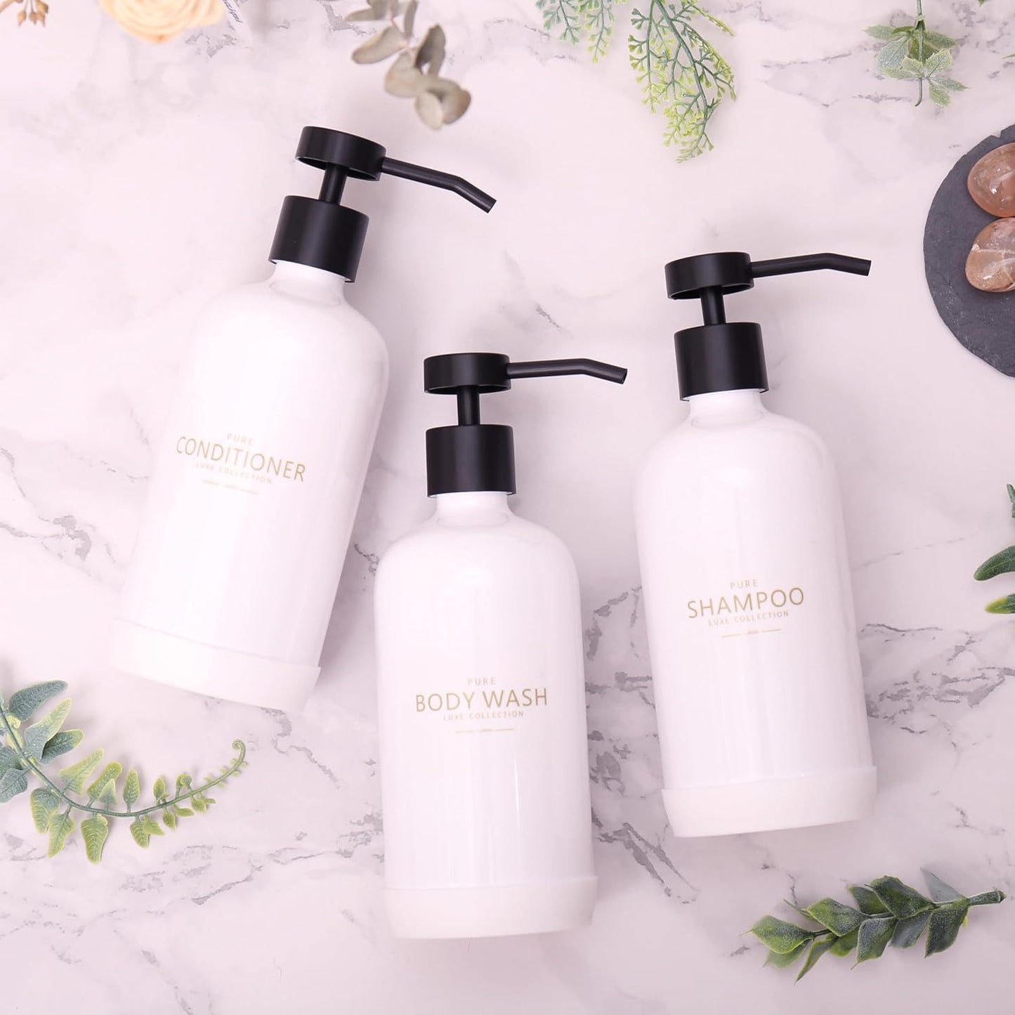 Shampoo and Conditioner Dispenser Set of 3,Refillable 21oz Shampoo Bottles with Non-Slip Protective Silicone Pad,Shower Soap Dispenser with Waterproof Labels for Bathroom (White)