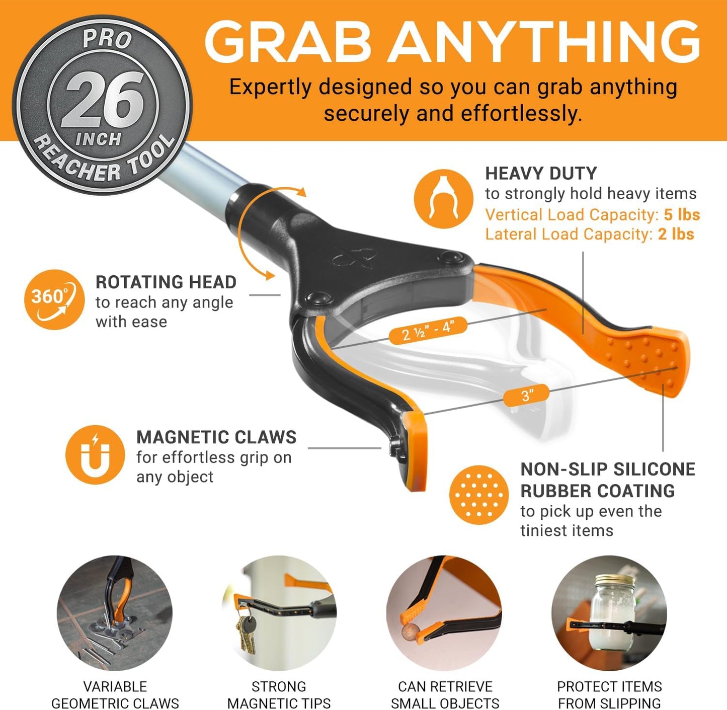 EZPIK® Grip Aid Tool Grabber Reacher + Magnets - Grabbers for Seniors, Trash Picker Upper Grabber - Trash Grabber Tool- Reacher Grabber Pickup Tool (Silver, 26" (Pack of 2))