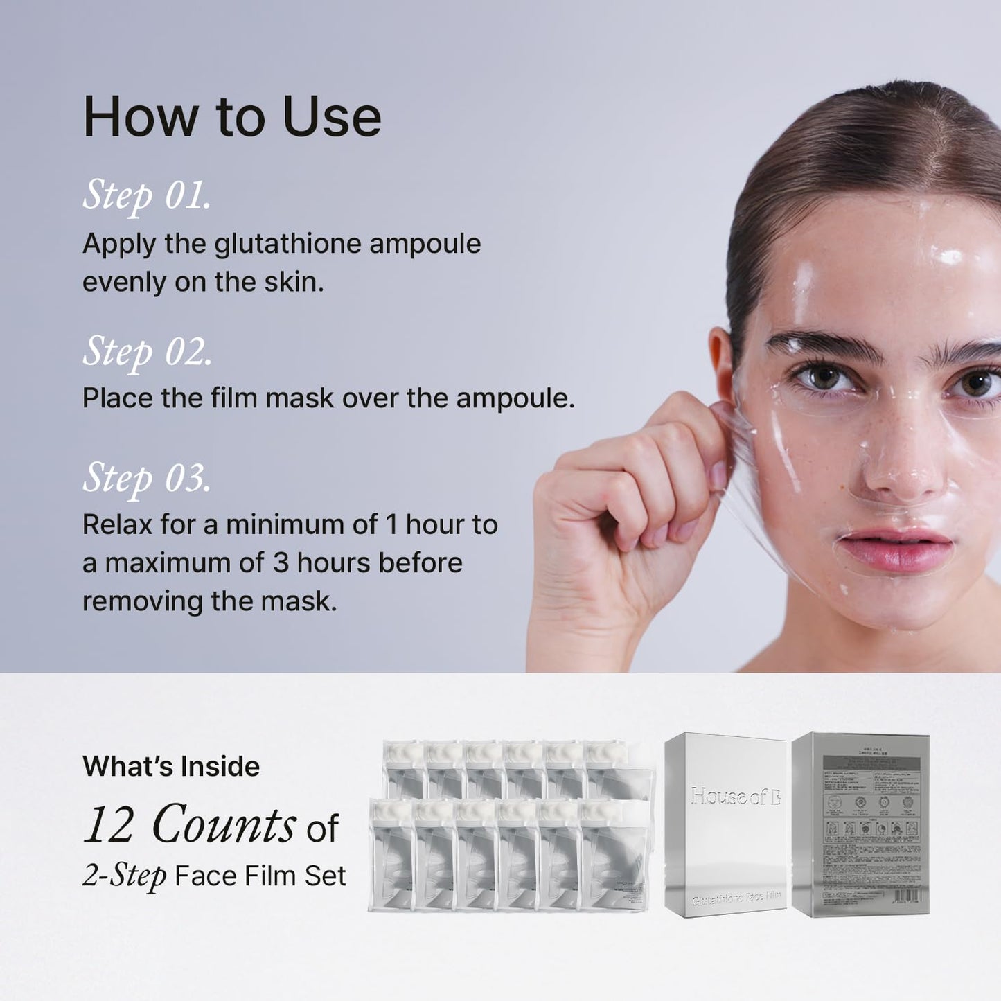 House of B Glow Glutathione 2-Step Face Film Set for Wrinkle Reduction & Skin Tone Enhancement, Shine Your Light with 12 Counts Korean Mask