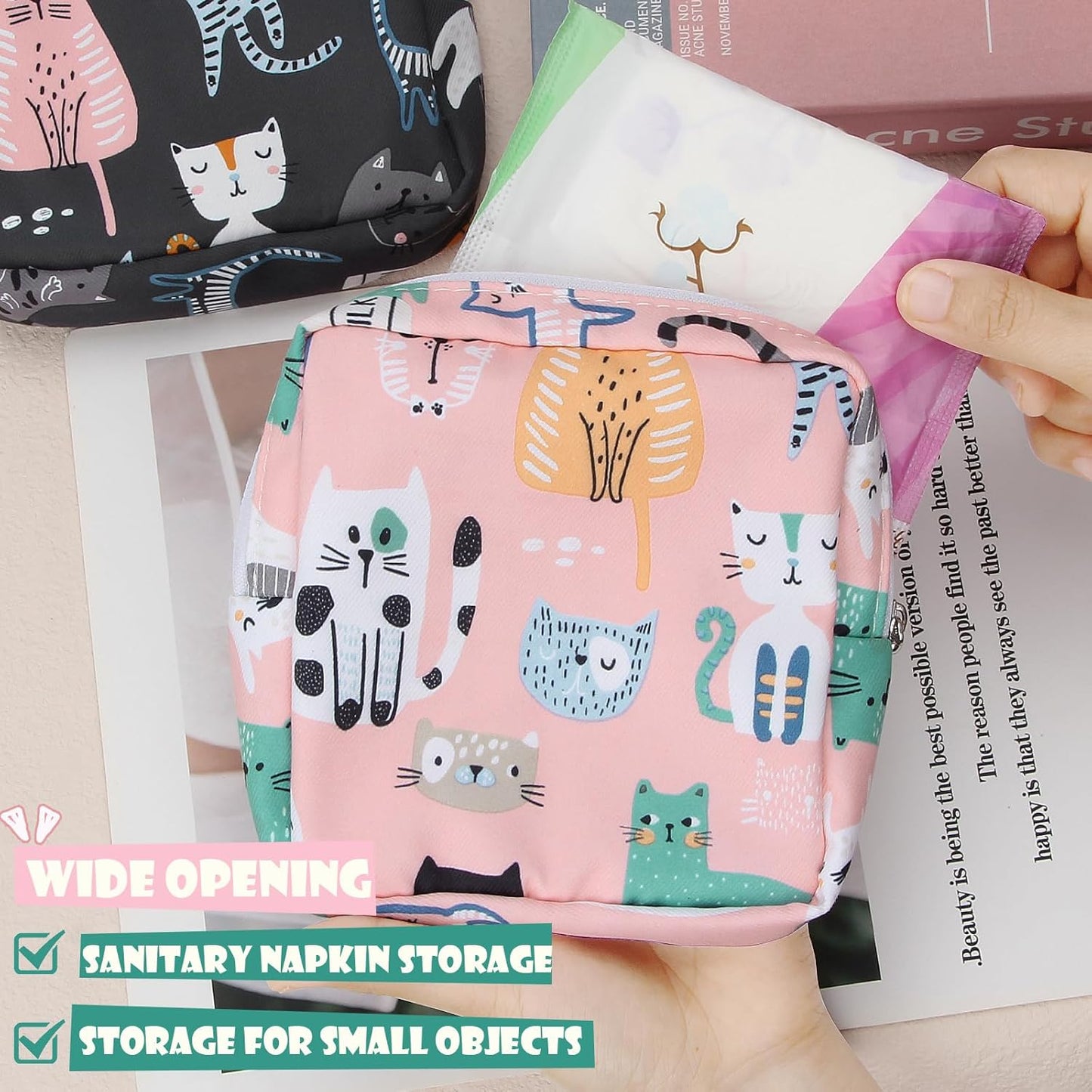 Desing Wish Portable Period Bag for Teen Pads, Napkins, Small Tampons - Sanitary Storage Bag, First Period Gifts for Teen Girls (Hearts)