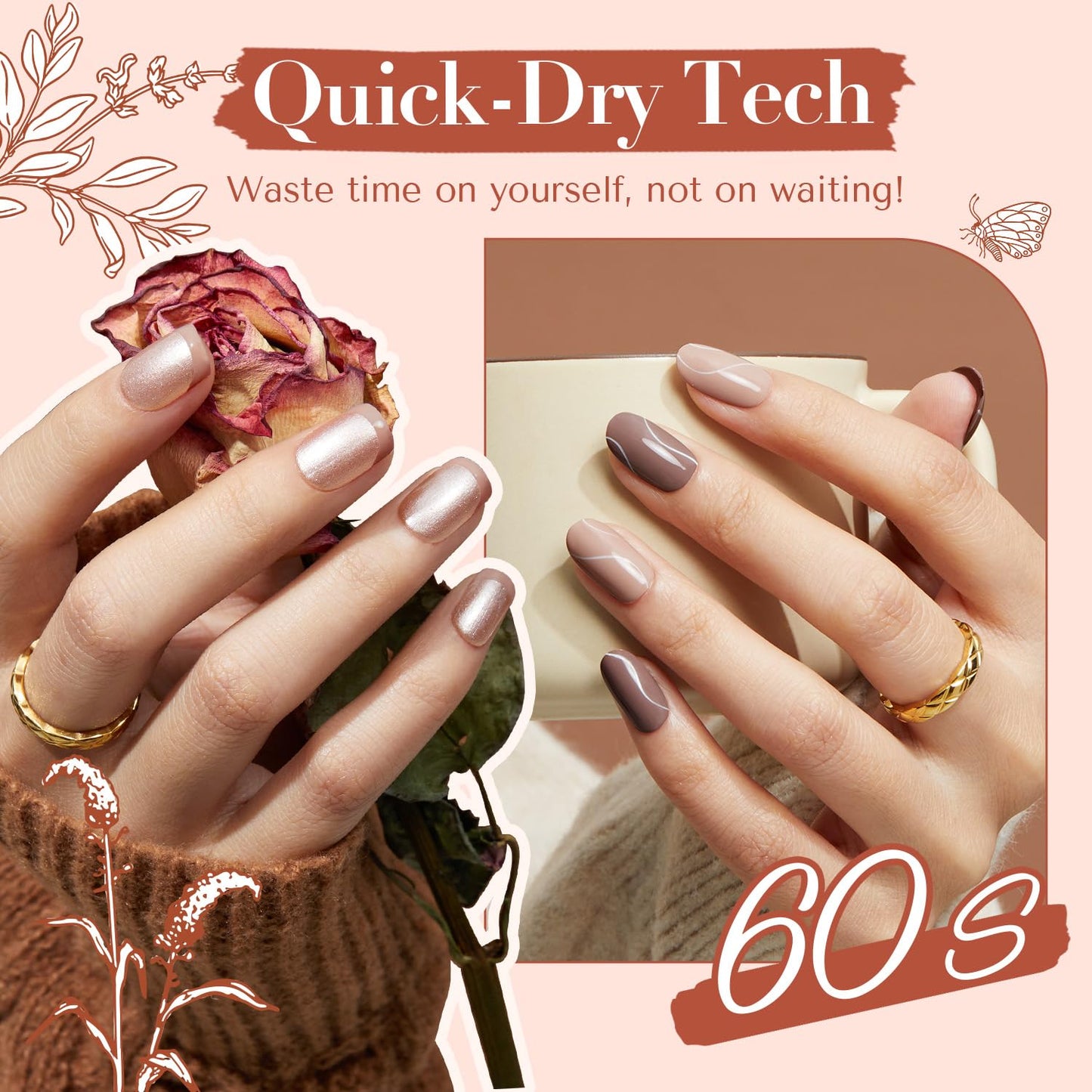 AZUREBEAUTY Nail Polish Set, 4 Colors Nude Brown Skin Glitter Quick Dry Natural Nail Lacquer Strengthening Treatment Kit with Top Coat DIY Salon at Home