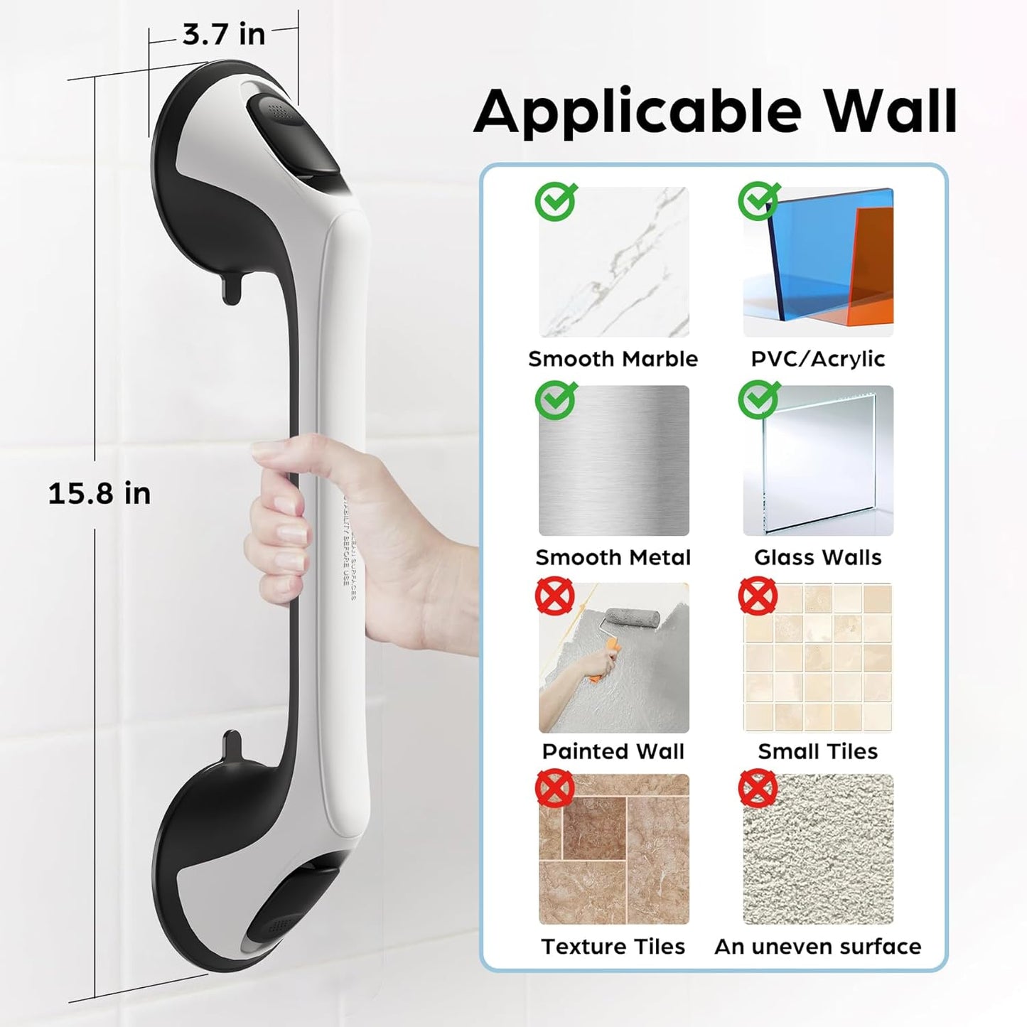 2 Pack 16 Inch Grab Bars for Bathtubs and Showers for Seniors, Heavy Duty Shower Handle for Elderly, Suction Cup Removable Handrails Handicap Bath Grip Bathroom Safety Grips (Black and White