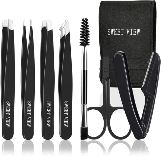 7pcs Eyebrow Tweezers Kit for Women Precision Plucker with Brow Scissors & Razor & Spoolie for Facial, Chin, Brow, Splinter and Ingrown Hair