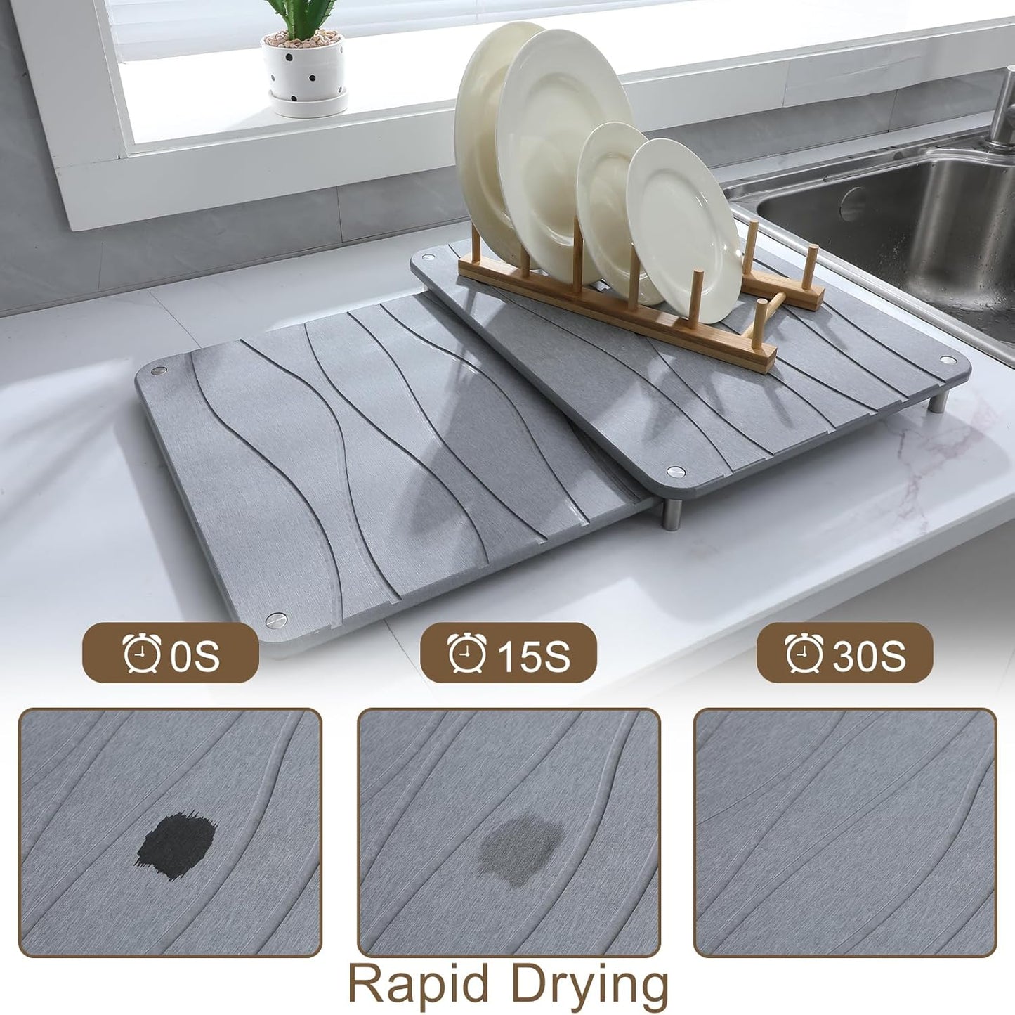 2 PCS Nesting Stone Drying Mat for Kitchen Counter,Equipped Dish Rack,Tableware Drying Mat Set,Diatomaceous Earth Material，Suitable for Plates,Cups and Any Kitchen Utensils (Grey)