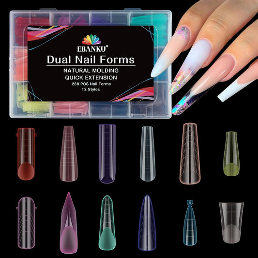 EBANKU Dual Forms for Poly Nail Gel, 288PCS 12 Colors Dual Nail Forms Extension Molds Stiletto Coffin Square Acrylic Nail Tips 12 Shapes for Builder Gel Manicure Nail Art Design Salon DIY at Home