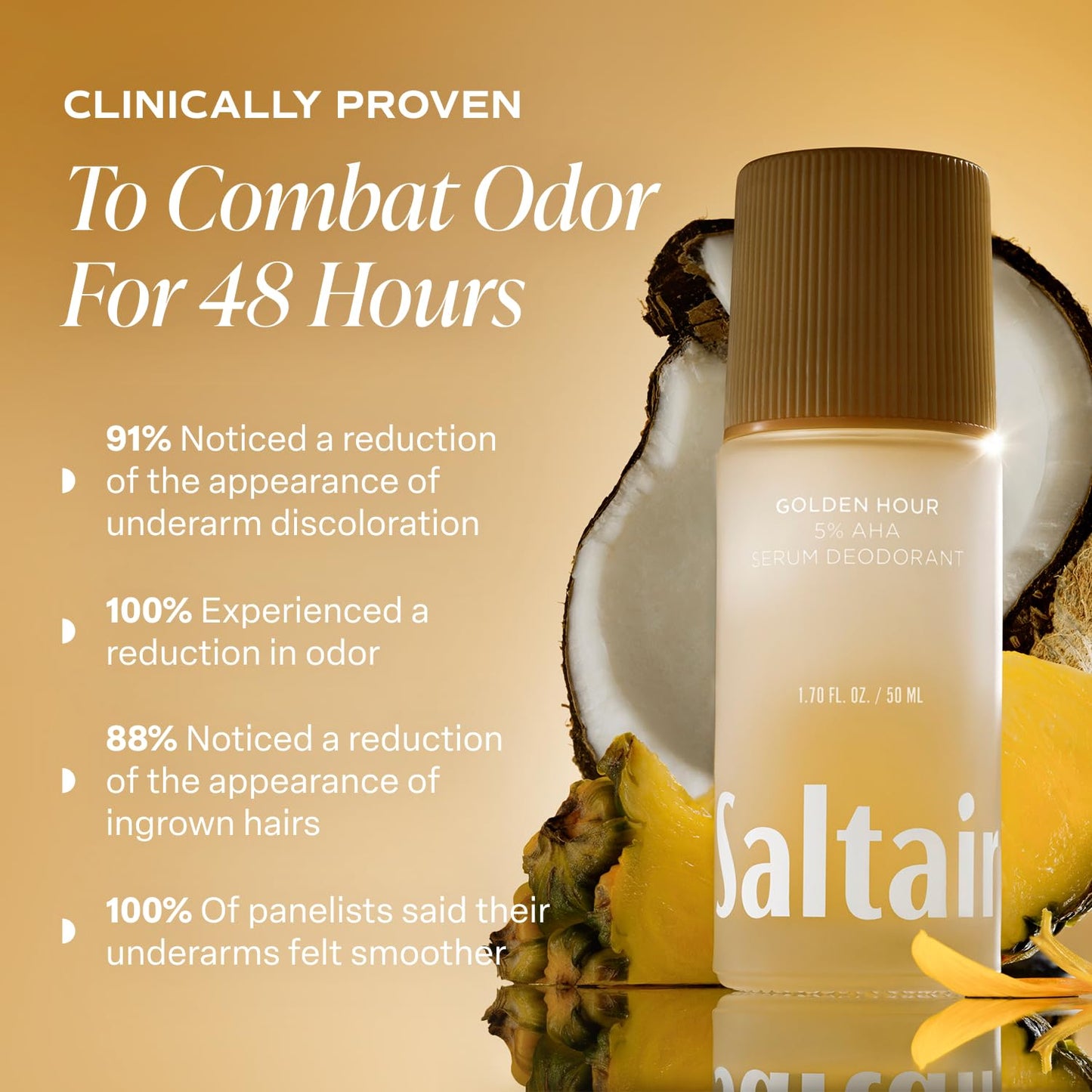 Saltair Serum Deodorant Golden Hour 2 Pack. 5% AHA Formula. Lactic Acid and Mandelic Acid Deodorant. Aluminum Free Odor Control for Women and Men. Travel Essentials, 2x 1.7oz Roll On