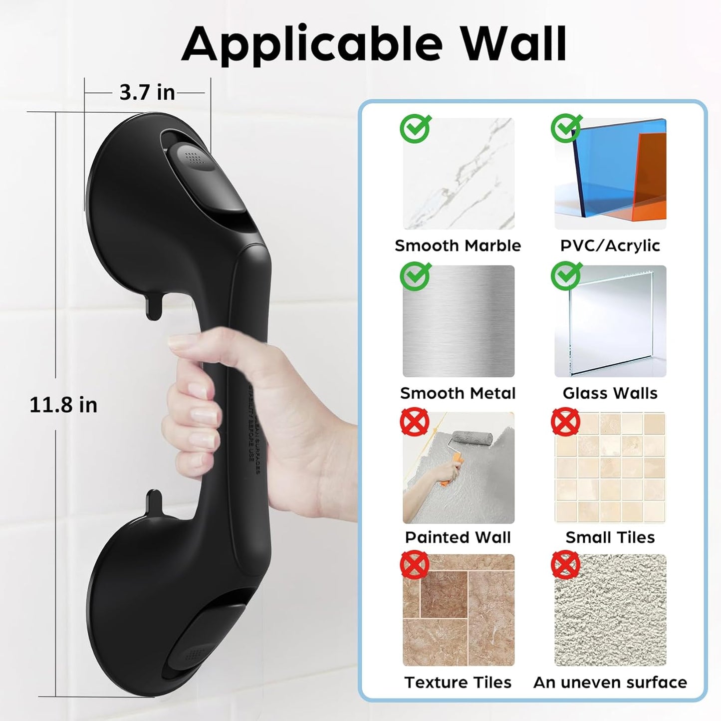 2 Pack 12 Inch Grab Bars for Bathtubs and Showers for Seniors, Heavy Duty Shower Handle for Elderly, Suction Cup Removable Handrails Handicap Bath Grip Bathroom Safety Grips （Black）