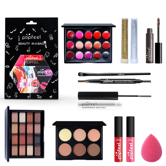 All-in-one Holiday Makeup Gift Set | Full Makeup Kit for Women Multipurpose Essential Bundle Include Eyeshadow Palette Lipstick Blush Concealer Face Powder Eyeliner Mascara Lipgloss Brush
