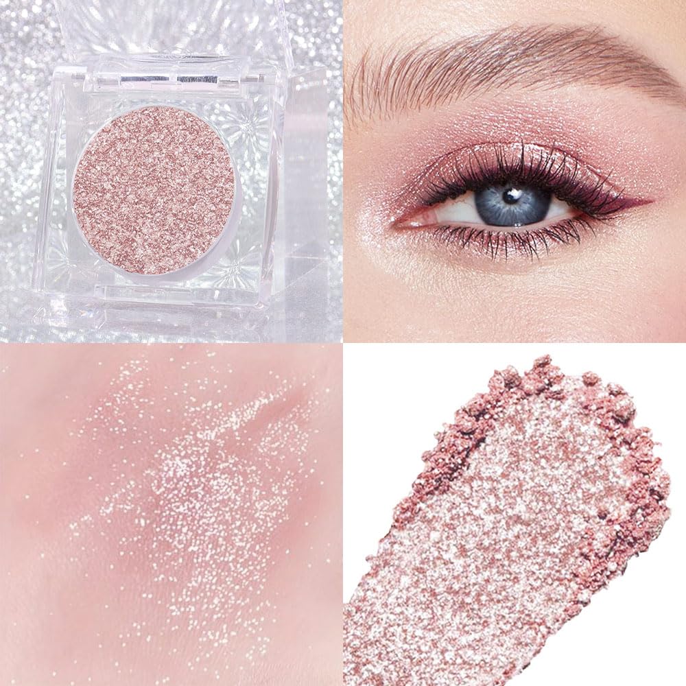 Glitter Shimmer Sparkle Eye Shadow Palette Makeup for Women, Shimmer Rose Gold Pink Glitter Metallic Holographic Iridescent Cream Iridescent Single Monochrome Eyeshadow Makeup