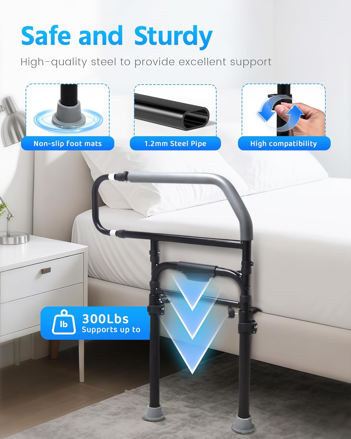 Sangohe Bed Rails for Elderly Adults Safety - Heavy Duty Bed Rail for Senior & People Falling Out of Bed - Bed Rail for Elderly, Height Adjustable, Fits Thick Mattress, Hold up to 300 Lbs, 504Q