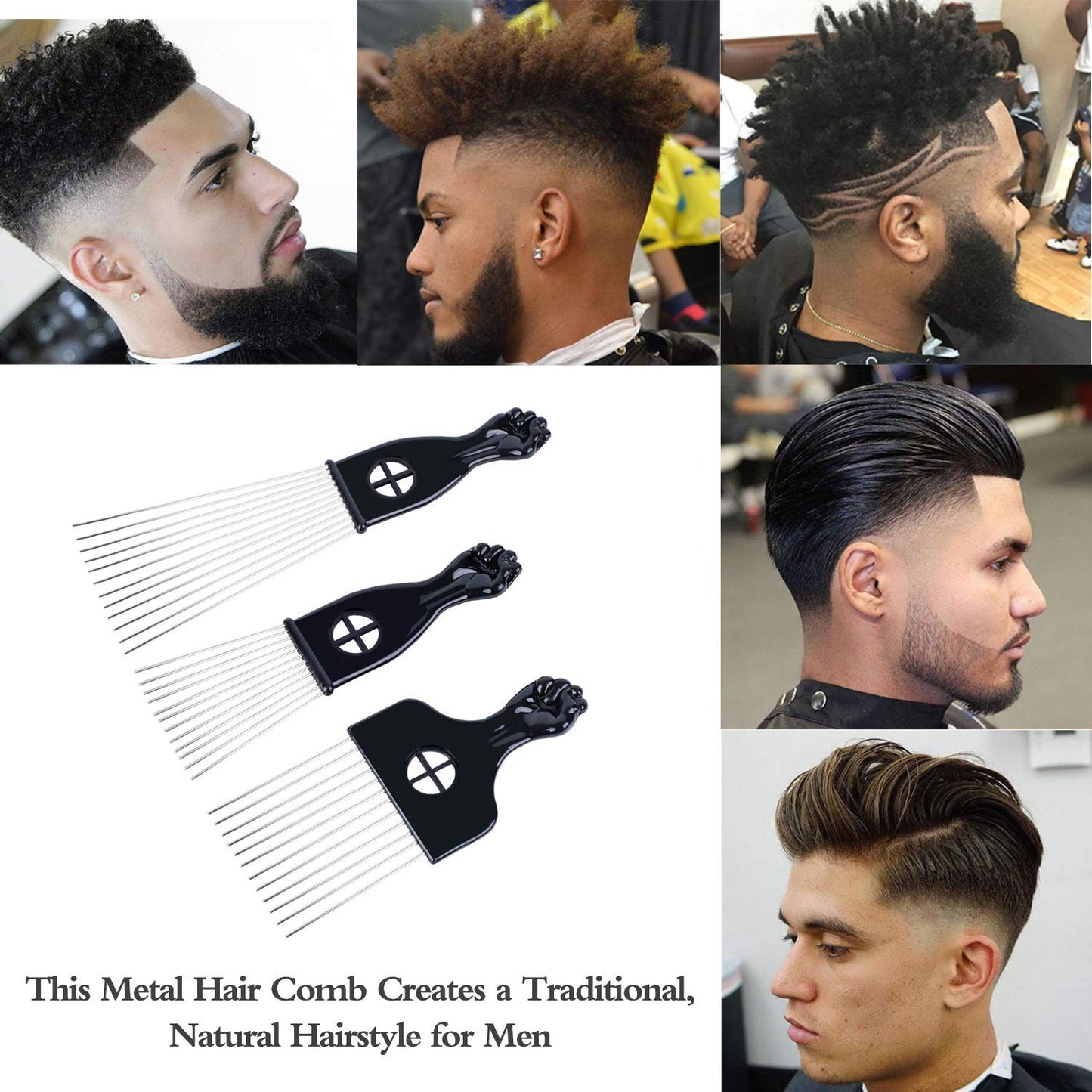6Pcs Afro Picks Metal Hair Combs, 3 Sizes Steel Teeth Hair Pick for Curly, Coily, Natural Hair, Detangling & Styling Comb for Men Women (Black)