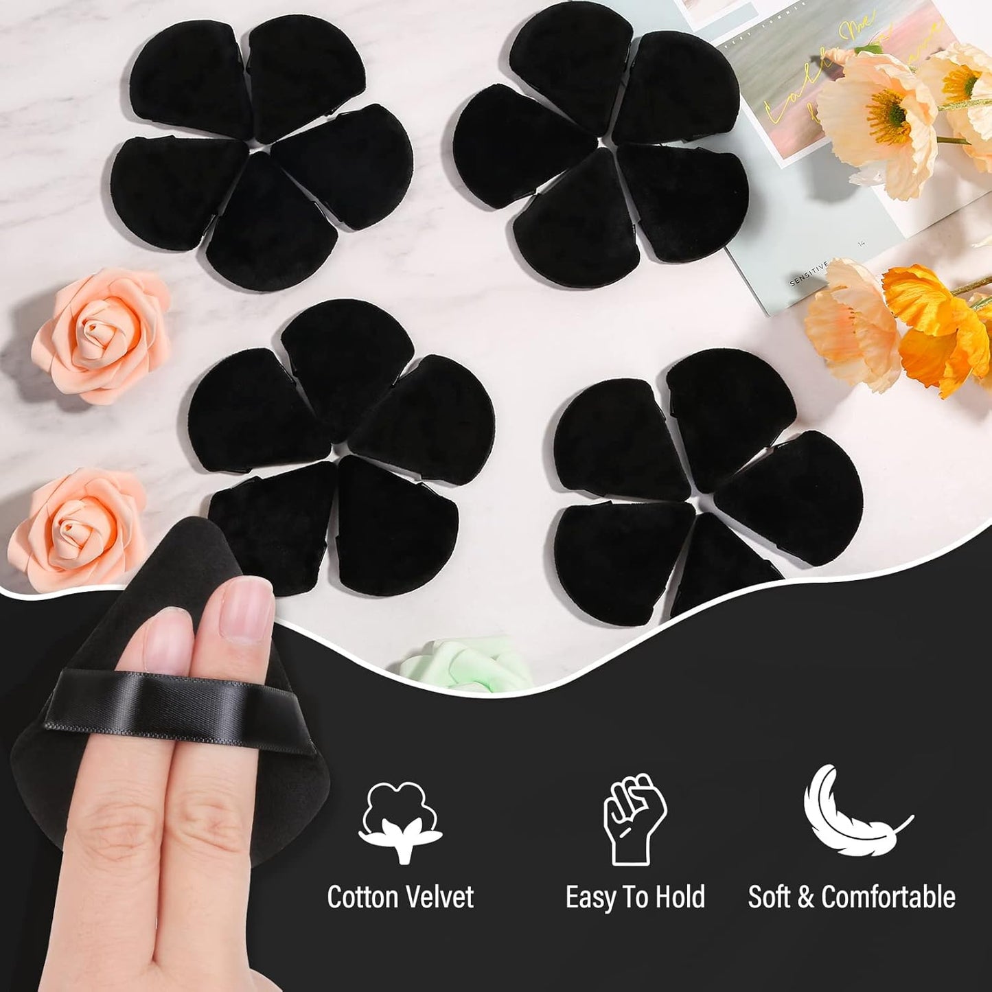 Thrilez 20pcs Triangle Powder Puff, Loose Powder Puffs Makeup Puff for Face Powder, Setting Powder Puff for Make Up, Face Puff Pads for Press Powder, Sponge Powder Applicator for Face and Eye (Black)