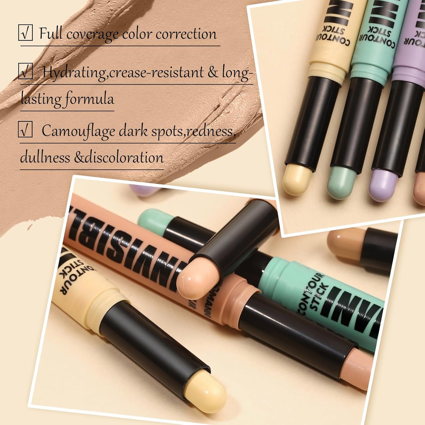 DAGEDA 3 Colors Color Corrector Stick, Cream Concealer Natural lightweight Coverage Cover Stick, Camouflage Redness, Correct Dark Spots and Brighten Correcting Concealer (Green, Natural, Light)