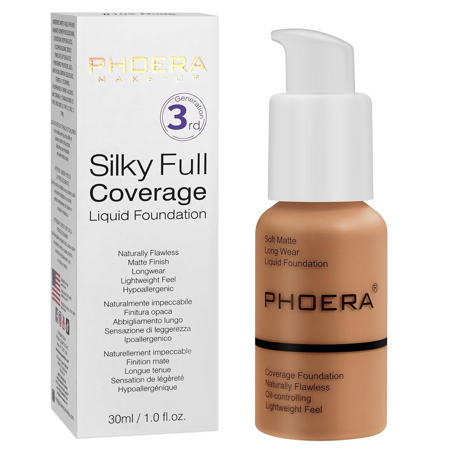 PHOERA Foundation, PHOERA Matte Liquid Foundation,PHOERA Makeup for Women, PHOERA Foundation Full Coverage Concealer, 30ml 24HR Matte Oil Control Concealer (108-Tan)