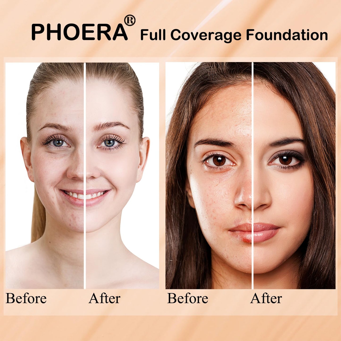PHOERA Foundation, PHOERA Matte Liquid Foundation,PHOERA Makeup for Women, PHOERA Foundation Full Coverage Concealer, 30ml 24HR Matte Oil Control Concealer (103- Warm peach*2)