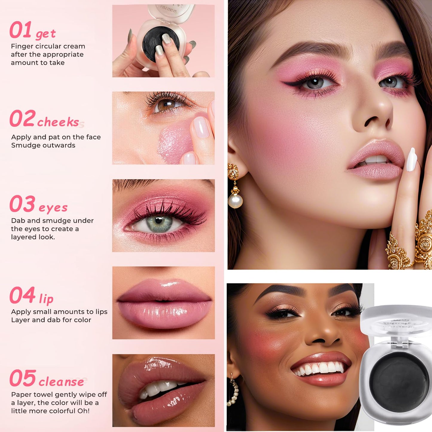 Cream Blush Makeup, Natural Pink/Black Glossy Face Blusher, Color Changing Cream Blush for Cheek and Lip Tint, Blendable Formula, Matte and Dewy Finish Lightweight Blush Makeup (Pink Glitter, One)