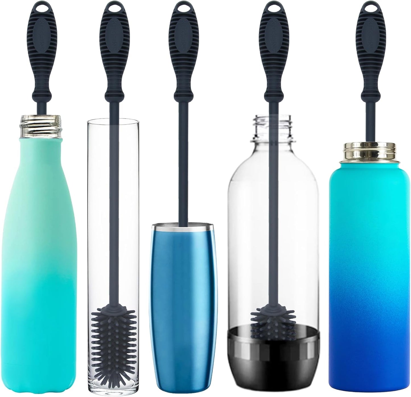 12.5" Silicone Bottle Brush & Straw Cleaner Brush Set | Water Bottle Cleaner for Hydro Flasks, Tumblers, Glassware, Vases and Narrow Neck Containers