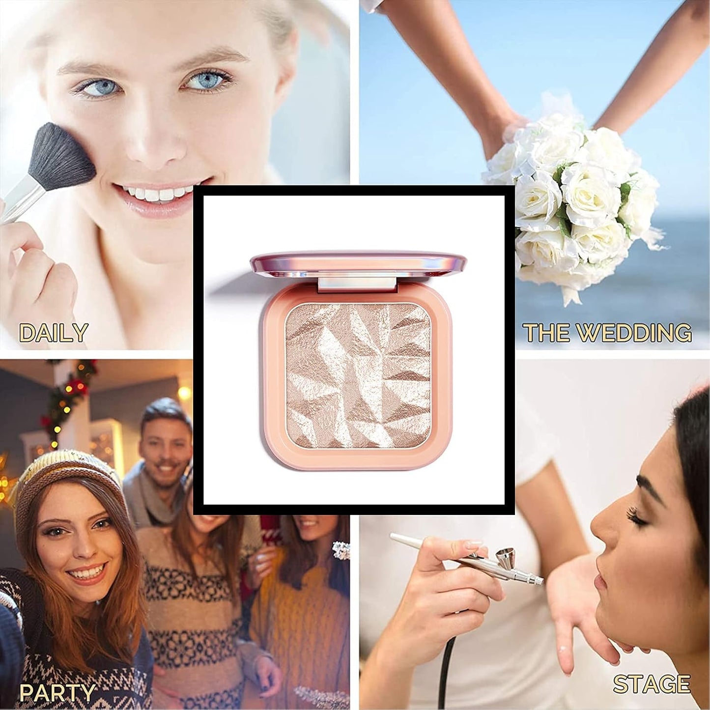 Face Highlighter Makeup Palette Kit, Shimmer Glitter Highlight Contouring Palette Natural Nude Shiny Contour Highlight Makeup Illuminator Highlighter Concealer Palette with brush (Champagne Gold)