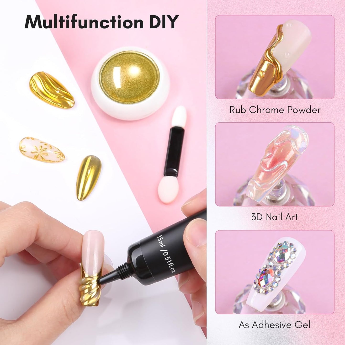Makartt 3D Gel Nail Art with Gold Chrome Nail Powder Kit: Clear Molding Gel for Nail Art 15g Sculpting Glue Polish and Metallic Effect Mirror Powder Set for Nail Decoration Manicure Charms