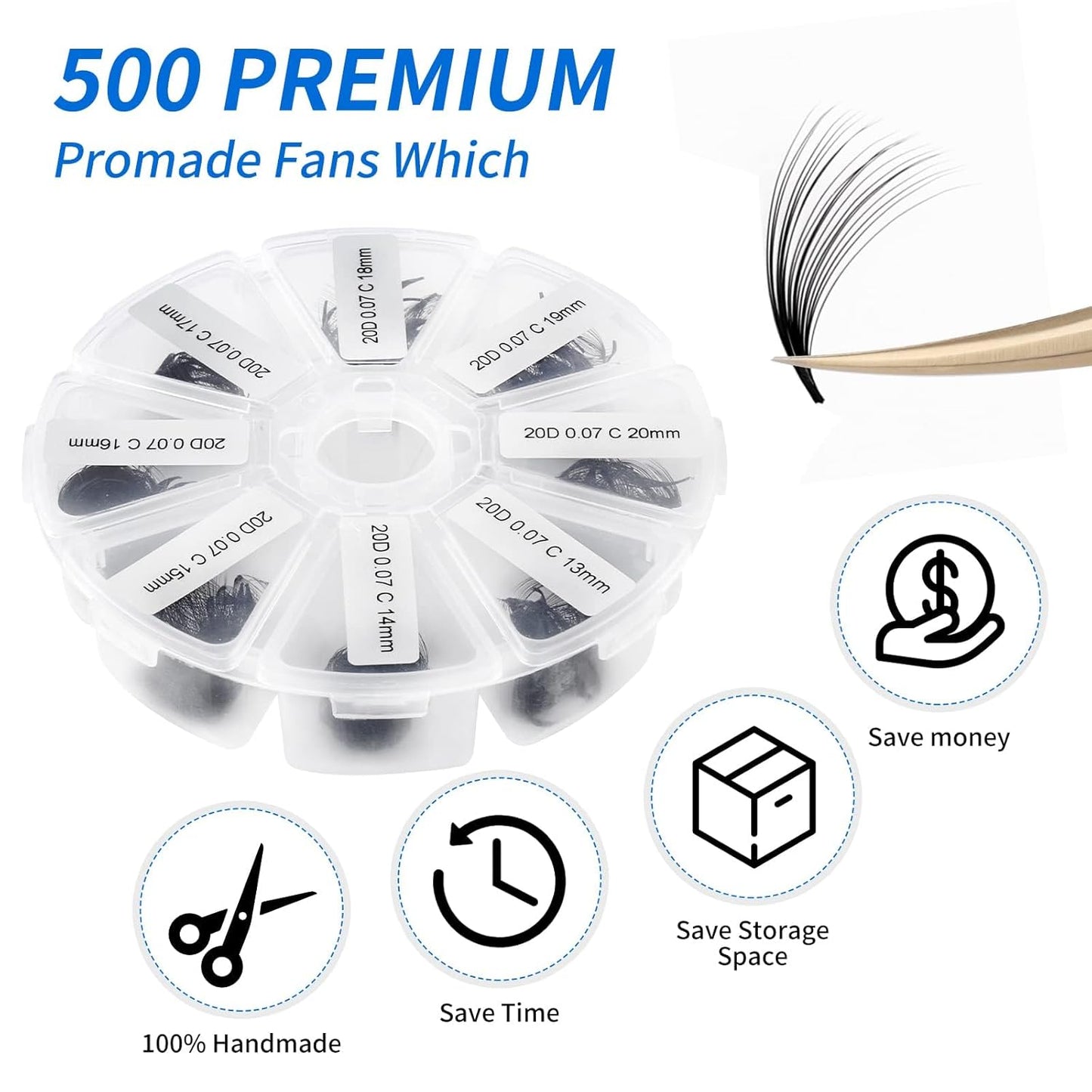 Pre-made Fans for Eyelash Extension 500+20D D Curl Handmade Loose Volume Lashes9-16mm