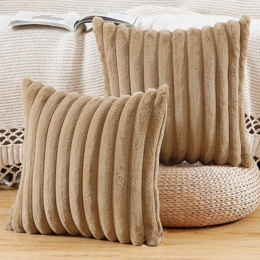 MADIZZ Set of 2 Faux Wool Plush Decorative Throw Pillow Covers 26x26 Inch Camel Fluffy Striped Soft Decorative Cushion Cover for Sofa Bedroom Pillow Shell