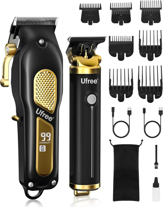 Ufree Hair Clippers for Men, Professional Clippers and Trimmers Set, Cordless Clippers for Hair Cutting, Beard Trimmer, Barber Clippers, Rechargeable Electric Shaver, Gifts for Men, Black Gold