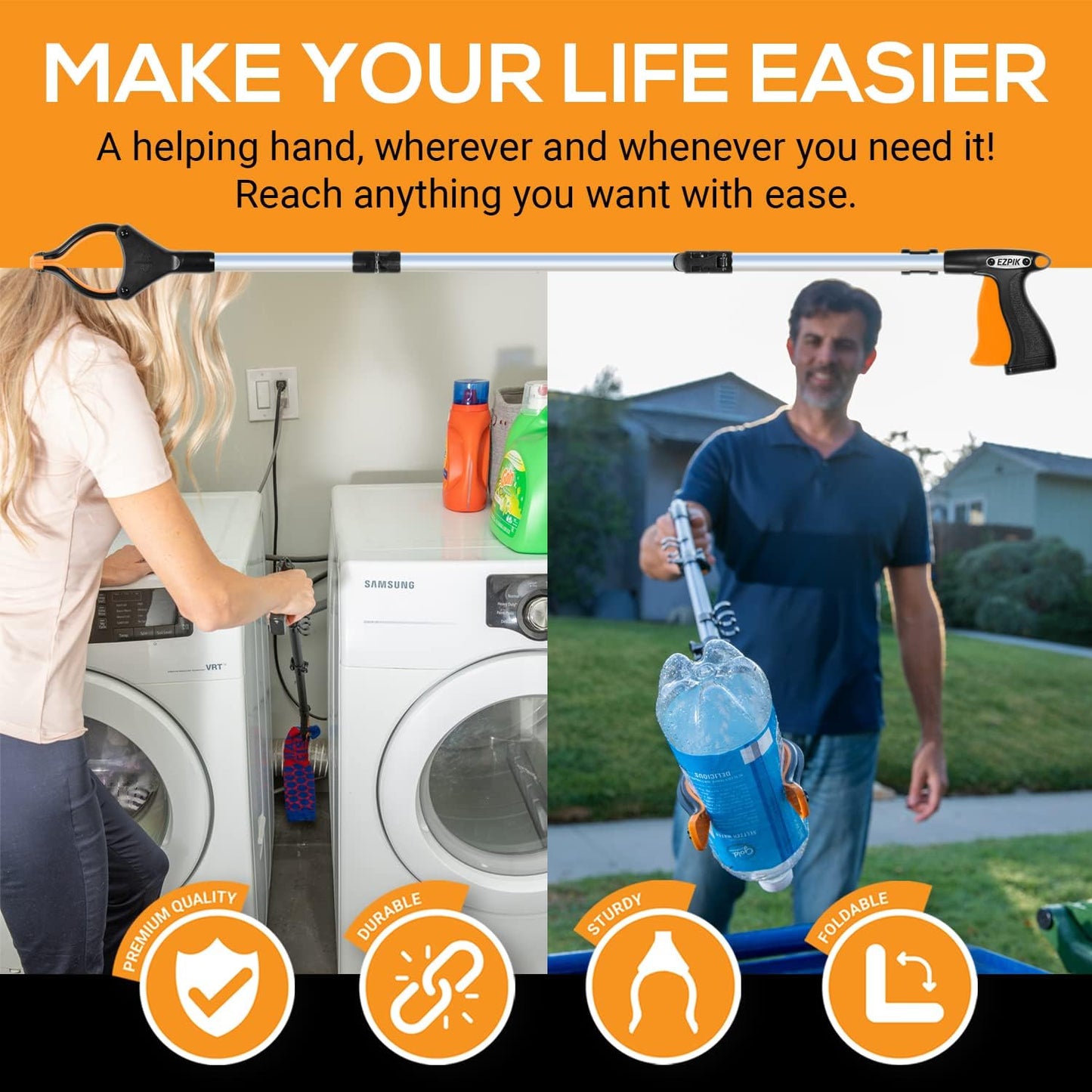 EZPIK® Grip Aid Tool Grabber Reacher + Magnets - Grabbers for Seniors, Trash Picker Upper Grabber - Trash Grabber Tool- Reacher Grabber Pickup Tool (Silver, 36″ (Pack of 2))