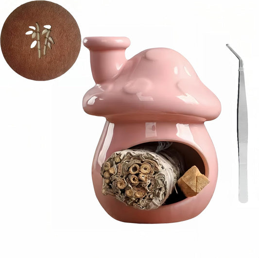 Mushroom Incense Holder, Pink Ceramic Palo Santo Holder Burner & Sage Holder - Mini Tabletop Chiminea Burner Tray with Ash Catcher, Cute Mushroom Decorations for Spiritual Meditation & Yoga