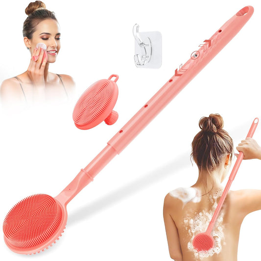 Adjustable Silicone Back & Face Scrubber Set, 16''-24'' Extendable Shower Back Scrubber with Dual-Side Head and Lathering Bristles, Manual Face Scrubber with Soft Bristle Non-Slip Handle(Pink)