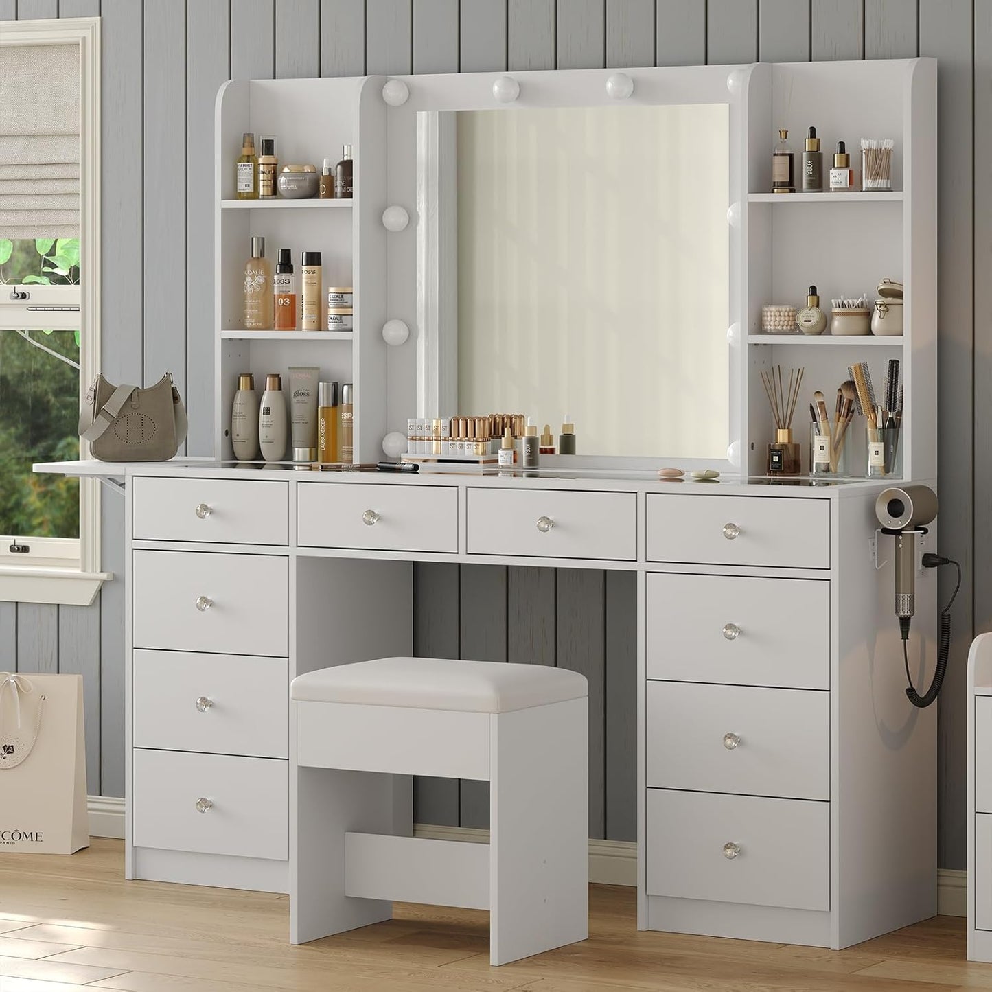 Vanity with Power Outlet, Vanity Desk with Mirror and 10 LED Lights, 10 Drawers Makeup Vanity with 6 Shelves, Fold-up Panel, Dressing Table for Bedroom, White