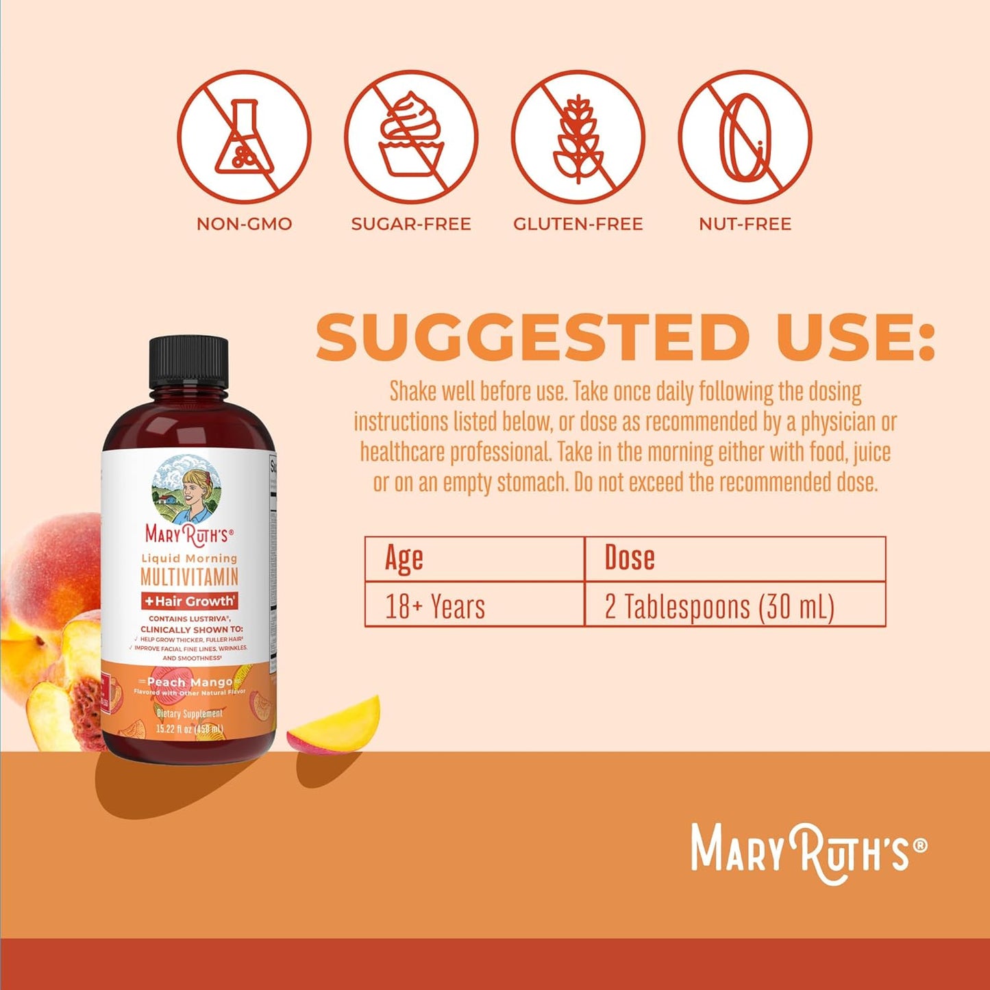 MaryRuth's Liquid Multivitamin + Hair Growth | Biotin 10000mcg | Lustriva Hair Growth Supplement | Clinically Tested in Women for Thicker Hair & Facial Wrinkles | Skin Care | Ages 18+ | 15.22 Fl Oz