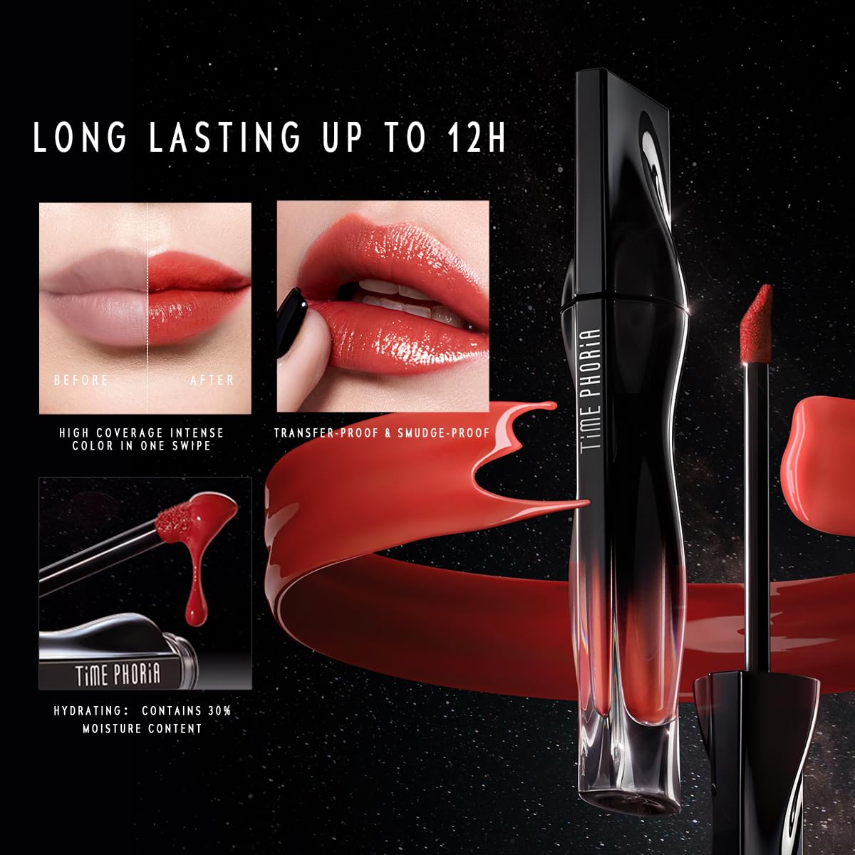 STELLAR DUST LIP STAIN-Long Lasting, Waterproof and Transferproof Lip Tint, Glossy Finish Lip Gloss, Lightweight Lipstick, High Coverage, Vivid Color (10)