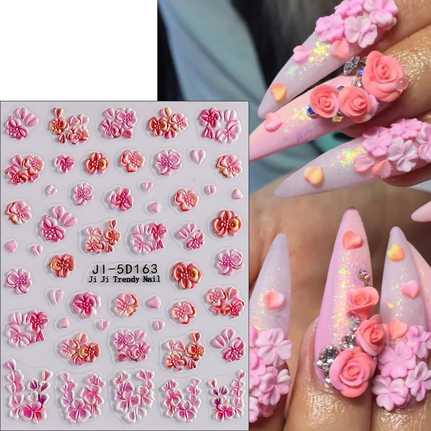 4 Sheets 5D Flower Nail Art Sticker Stereoscopic Floral Self-Adhesive Nails Stickers Blossom Nail Art Decals Holographic Flowers Decal for Women Pink Blue Red Manicure Stickers DIY Nails Supplies