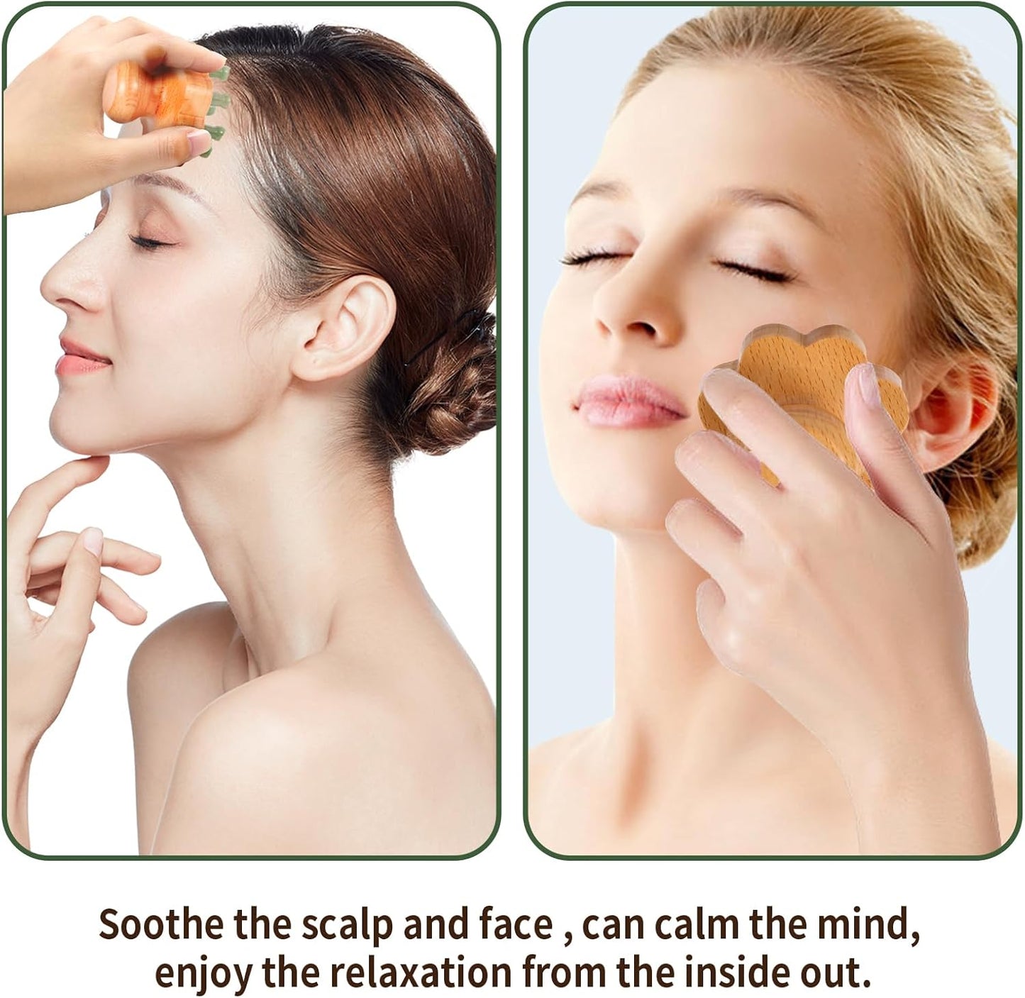 Natual Jade Massage Head, with Wooden Hander Comb,for Scalp Massager, Head Ficial, Body Acupressure Tool,gua sha Scraping, Relieve Fatigue,Stress Relax Device,for Hair Growth (Green)