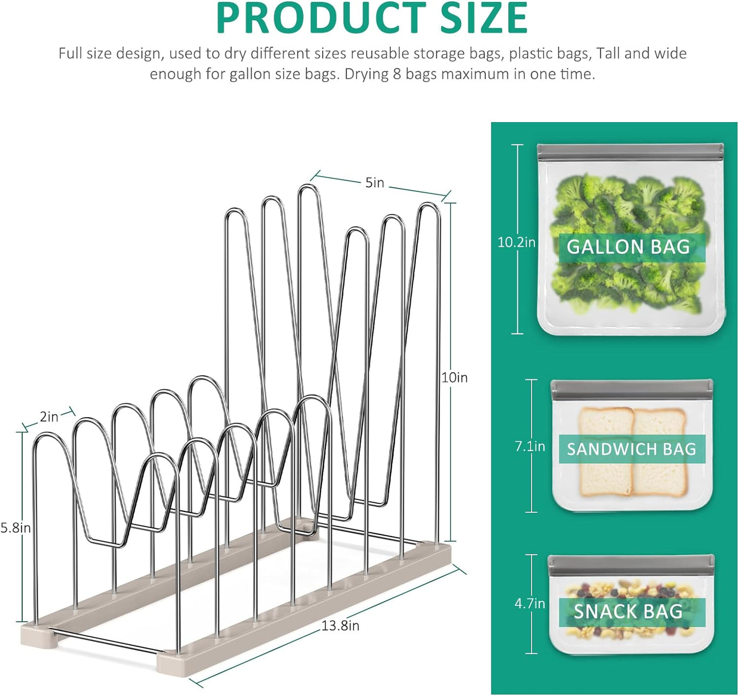 Plastic Bag Drying Rack, Reusable Bag Drying Rack for Silicone Bag & Ziploc Bag, Bottle Dryer Rack for Gloves & Glasses, Pan Lid & Cutting Board Organizer